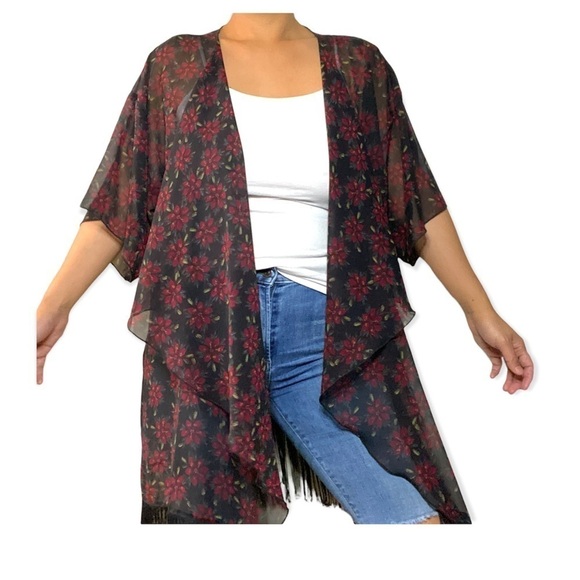 Lularoe beach coverup floral fringe waterfall open shirt size large - Picture 1 of 6